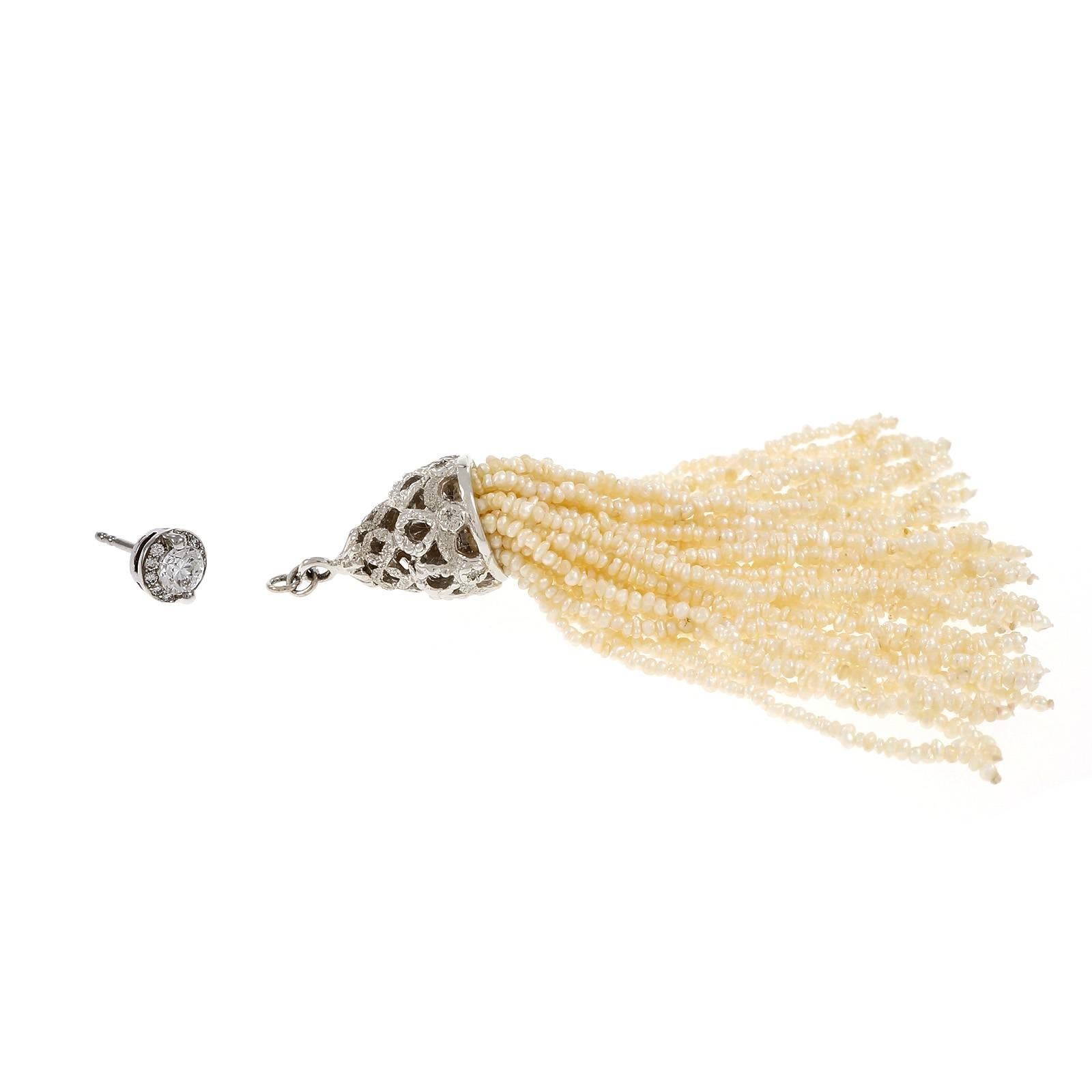 Round Cut 1.00 Carat Diamond Natural Seed Pearl Tassel Dangle Drop Gold Earrings For Sale