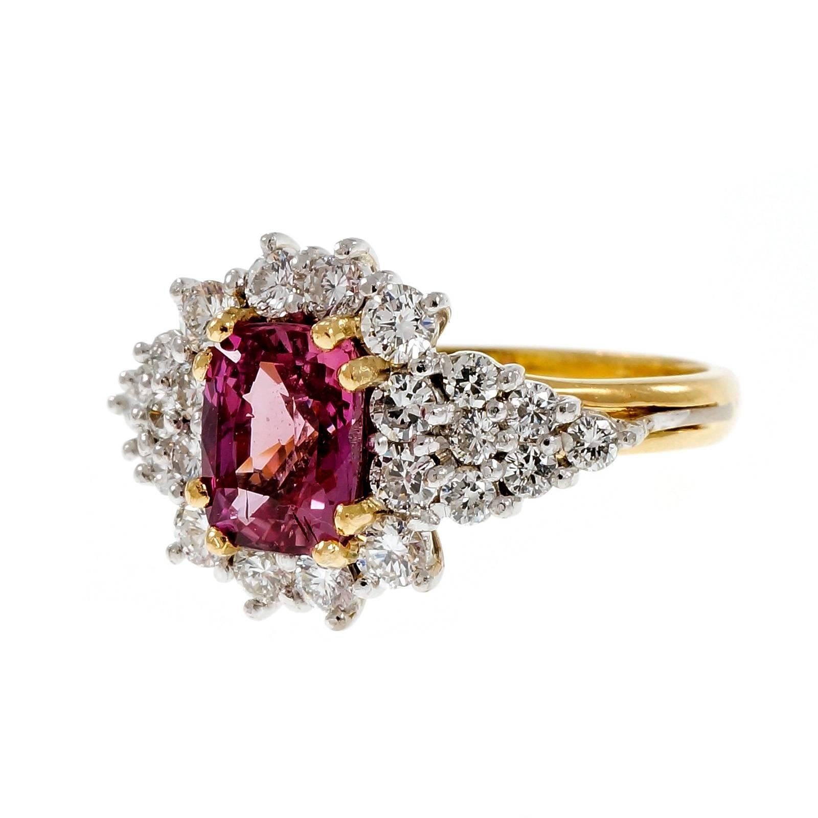 Natural hot pink sapphire diamond gold platinum cocktail engagement ring. Setting is 18k yellow gold with a handmade wire top in Platinum. Diamonds are bright white. Cushion sapphire is bright gem hot pink.

1 cushion gem pink sapphire, approx.