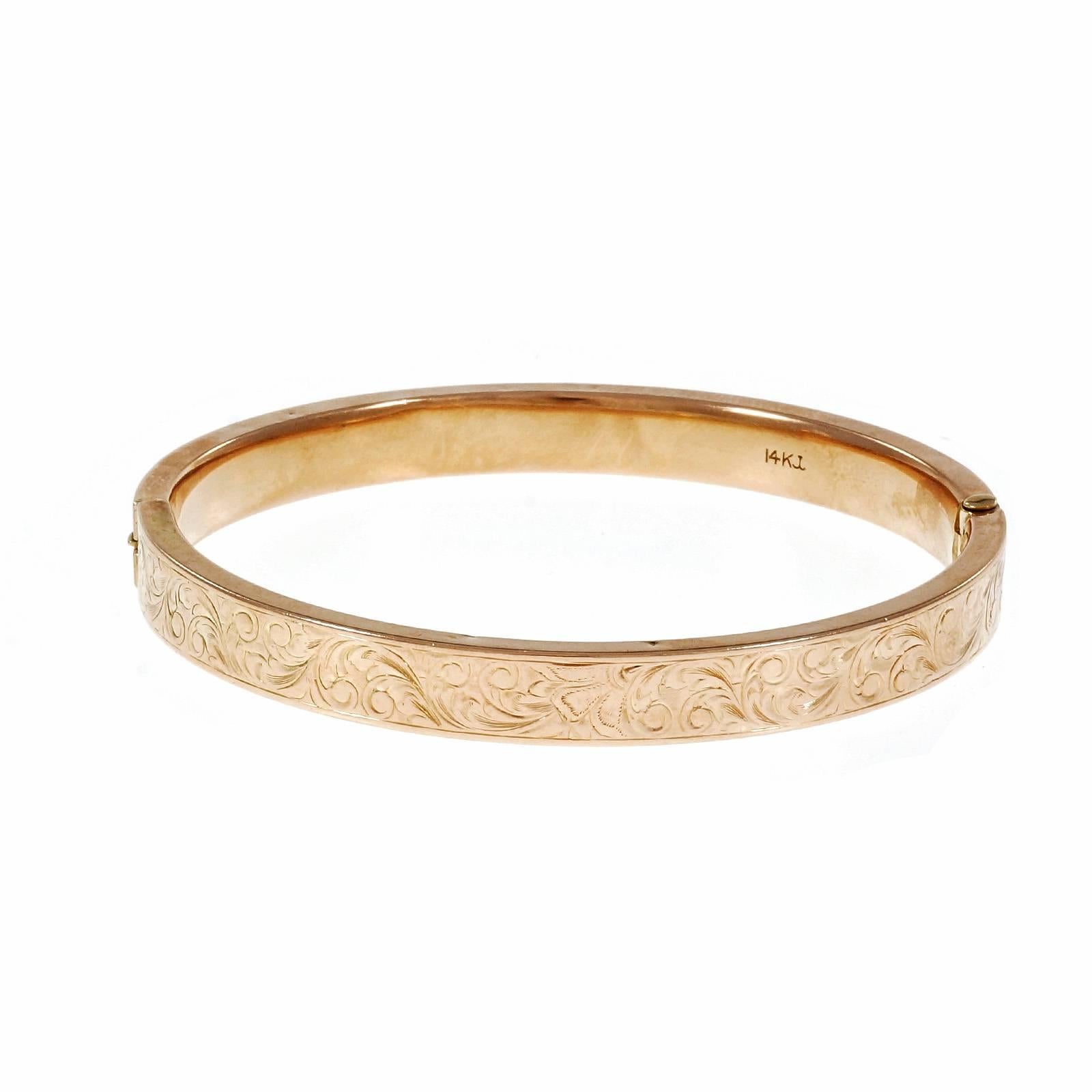 1910s Krementz Engraved Gold Bangle Bracelet 