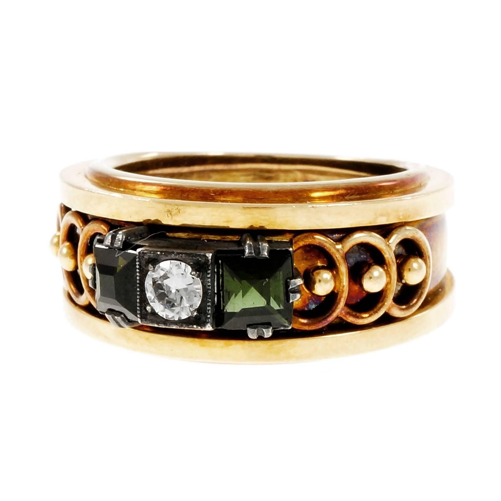 Victorian Tourmaline Diamond Gold Silver Band Ring with natural patina.  14k yellow gold handmade with silver top set with old cut green Tourmaline and European cut diamond.

1 round diamond, approx. total weight .16cts, H, SI1
2 square green