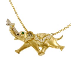 Emerald Diamond Gold Elephant Pendant Necklace 