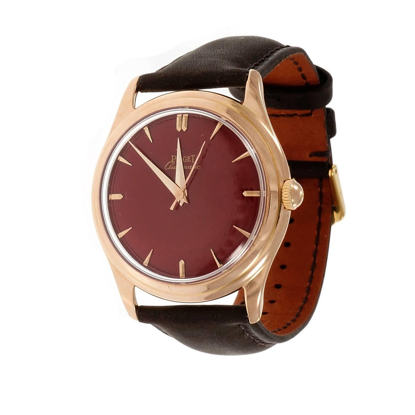 Piaget 18k Rose Gold Automatic Custom Dial Wristwatch. The dial is a custom refinished, shiny red multi-layer finish. 17 jewel. Dial is a custom refinished with shiny red multi-layer finish. A 1960's timepiece that combines classic elegance with