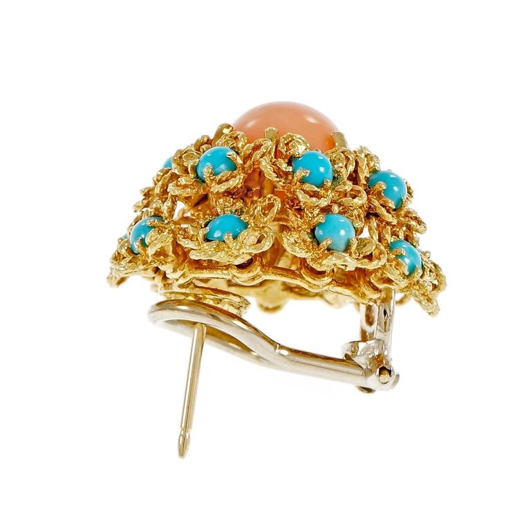 Coral Turquoise Dome Button Cluster Gold Earrings at 1stDibs | coral ...