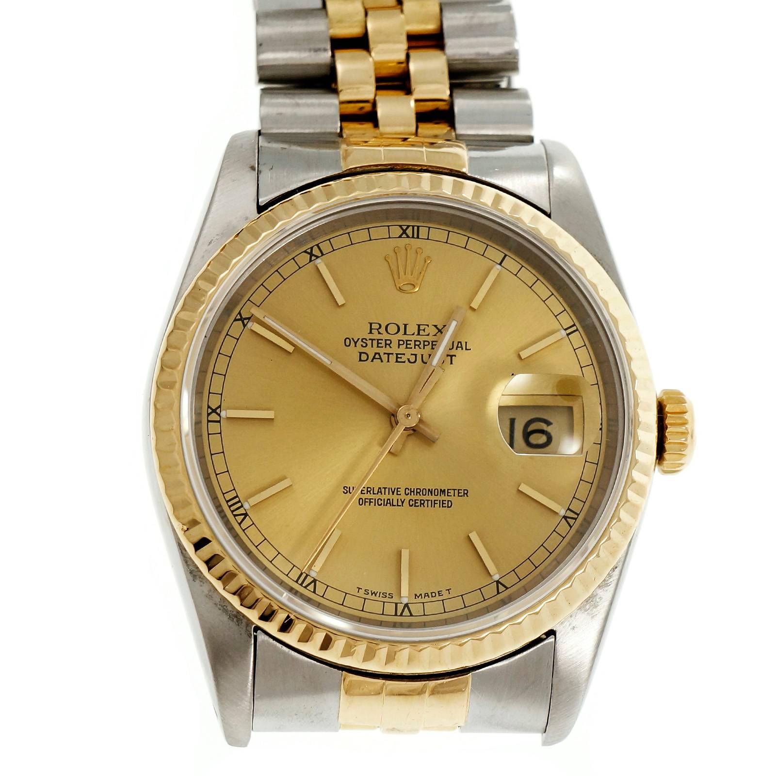 Rolex Datejust Automatic wristwatch. Original 18k gold and steel. Sapphire crystal and Jubilee band. Circa 1990s.

18k Yellow gold & Steel
104.6 grams
Band length: 8 3/8 inches
Length: 43.2mm
Width: 36mm
Band width at case: 20mm
Case