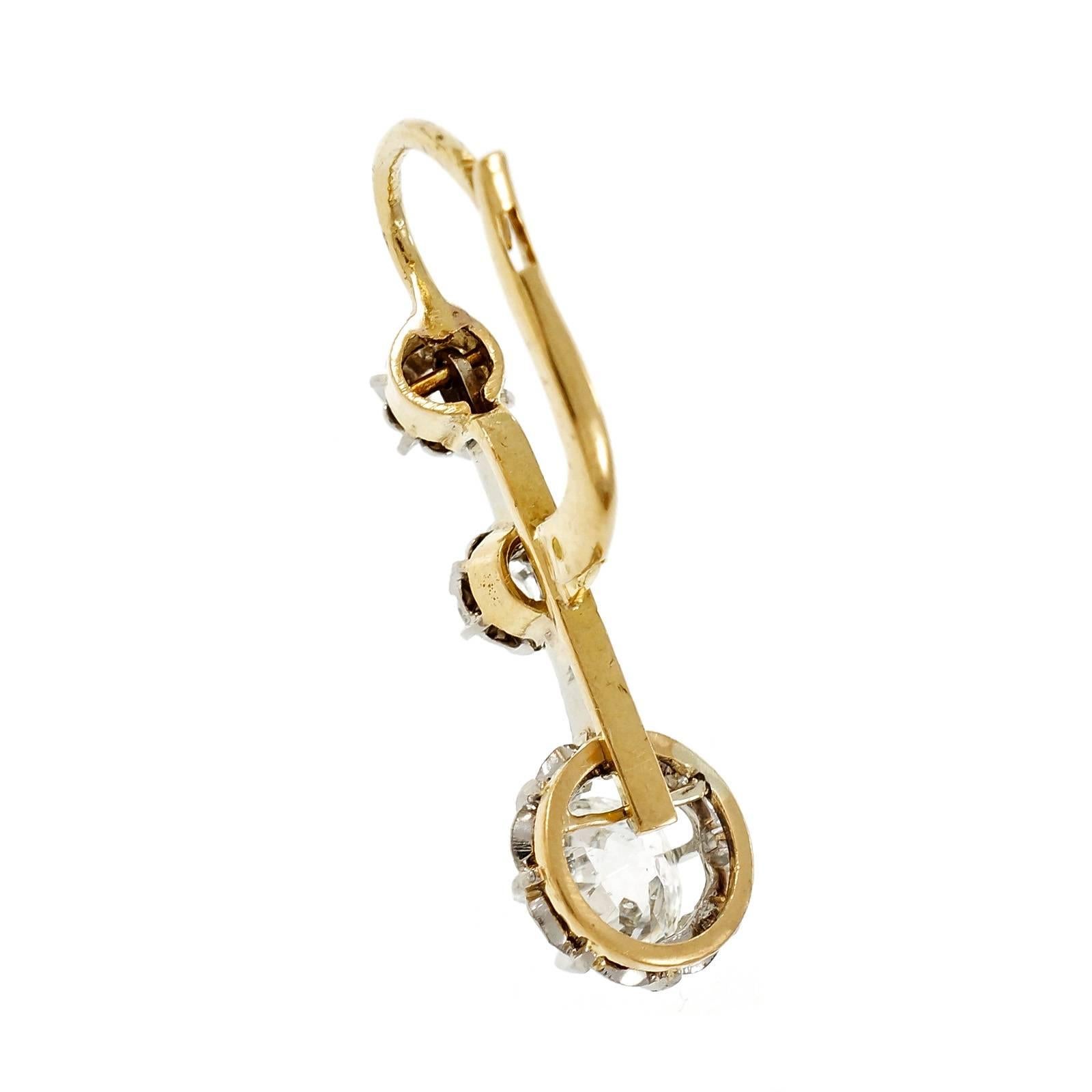 Women's Victorian Old Mine Diamond Platinum Gold Dangle Earrings