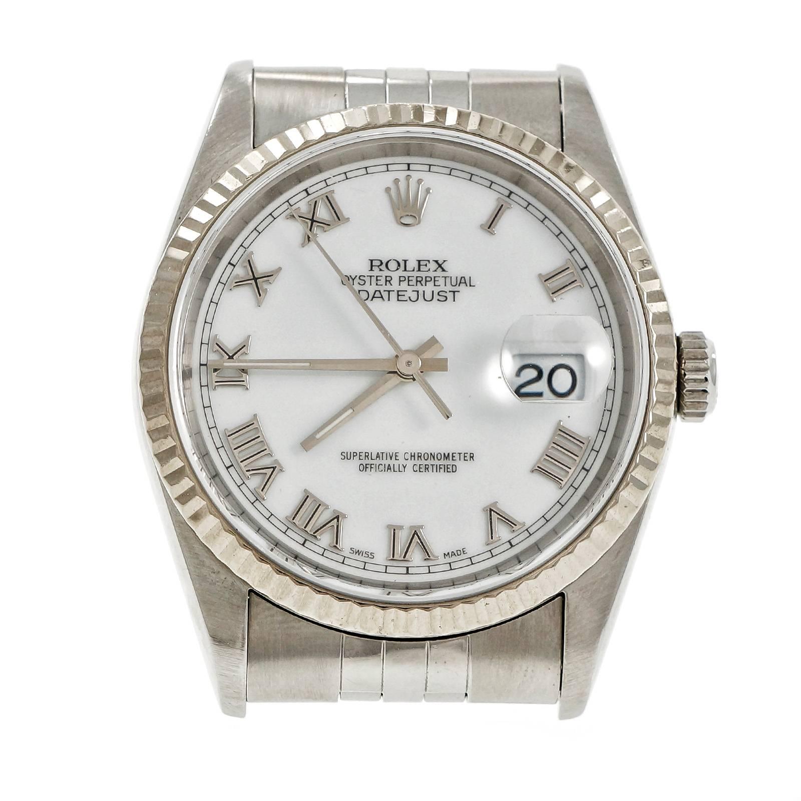 Men’s Rolex Datejust all original with white Roman numerals, Sapphire crystal and Jubilee band.

Stainless steel
93.8 grams
Band length: 8 inches
Length: 44mm
Width: 36mm
Band width at case: 20mm
Case thickness: 11.74mm
Band: Rolex Jubilee