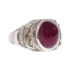 Cabochon Ruby Half Moon Diamond Baguettes Platinum Ring