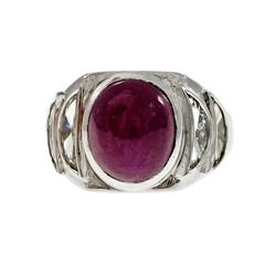 Cabochon Ruby Half Moon Diamond Baguettes Platinum Ring