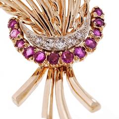 Mid-Century Round Ruby Diamond Spray Gold Brooch