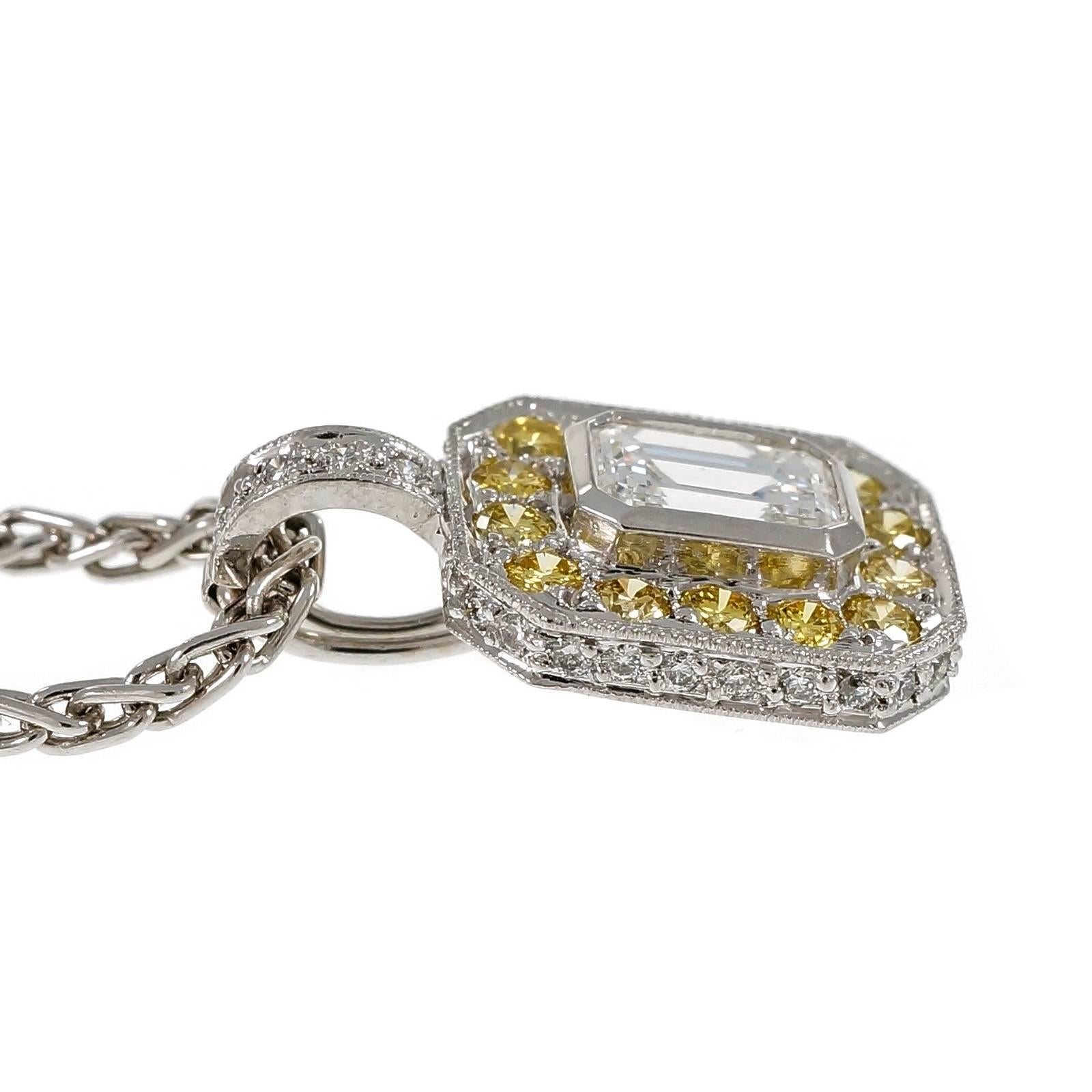 Peter Suchy Emerald Cut Diamond Pendant Fancy Intense Yellow Accents Platinum In Good Condition In Stamford, CT