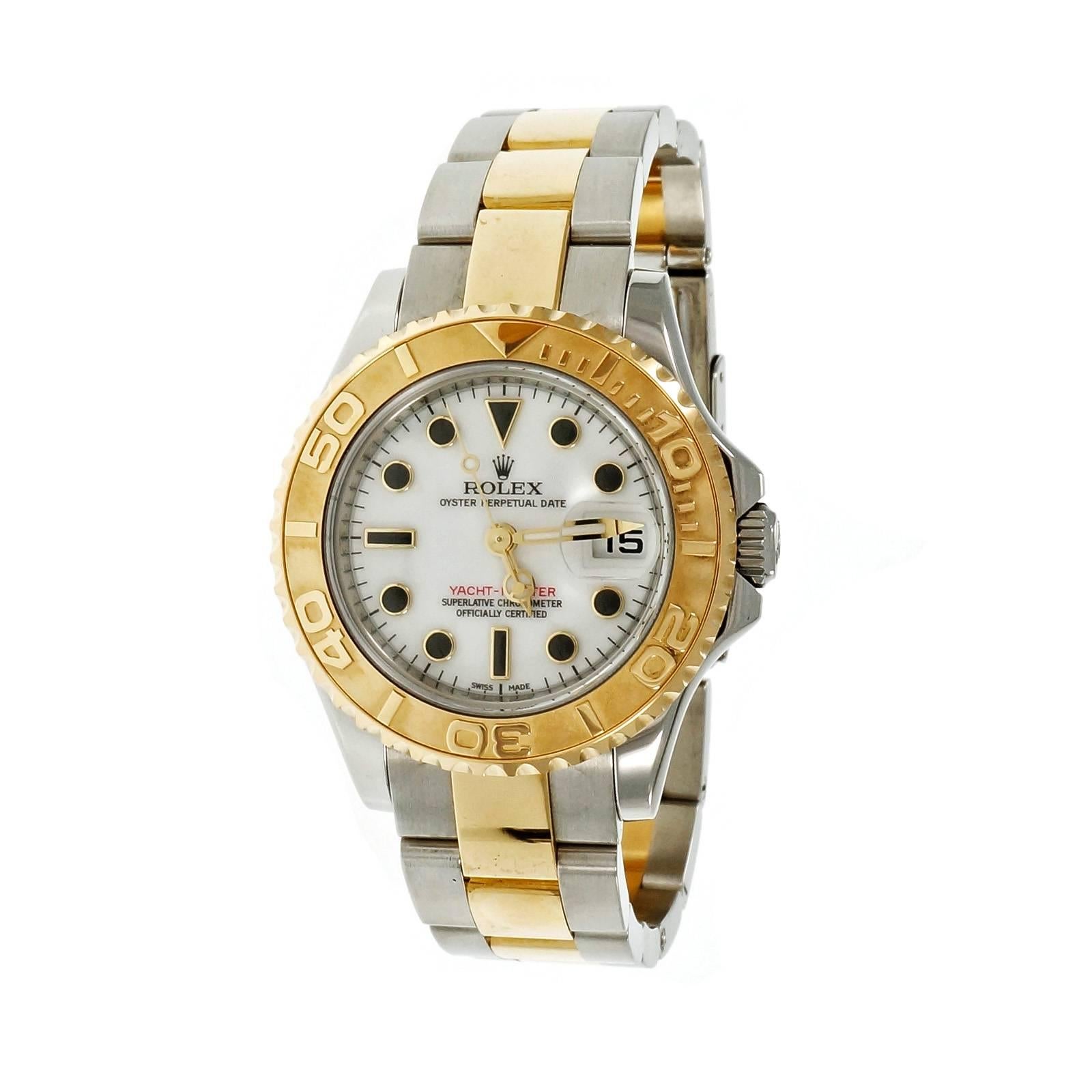 Ladies 2010 Rolex Yacht-Master 169263 18k yellow gold and steel wristwatch. Box and papers included. Oyster band and desirable white dial. Original plastic sticker still on case back. 

Stainless Steel
18k yellow gold
Length: 7 inches- links are