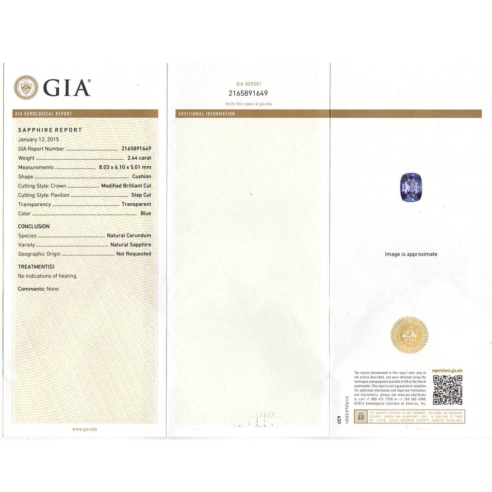 Platin-Verlobungsring mit GIA-Zertifikat, 2,44 Karat Saphir im Kissenschliff, Diamant Damen im Angebot