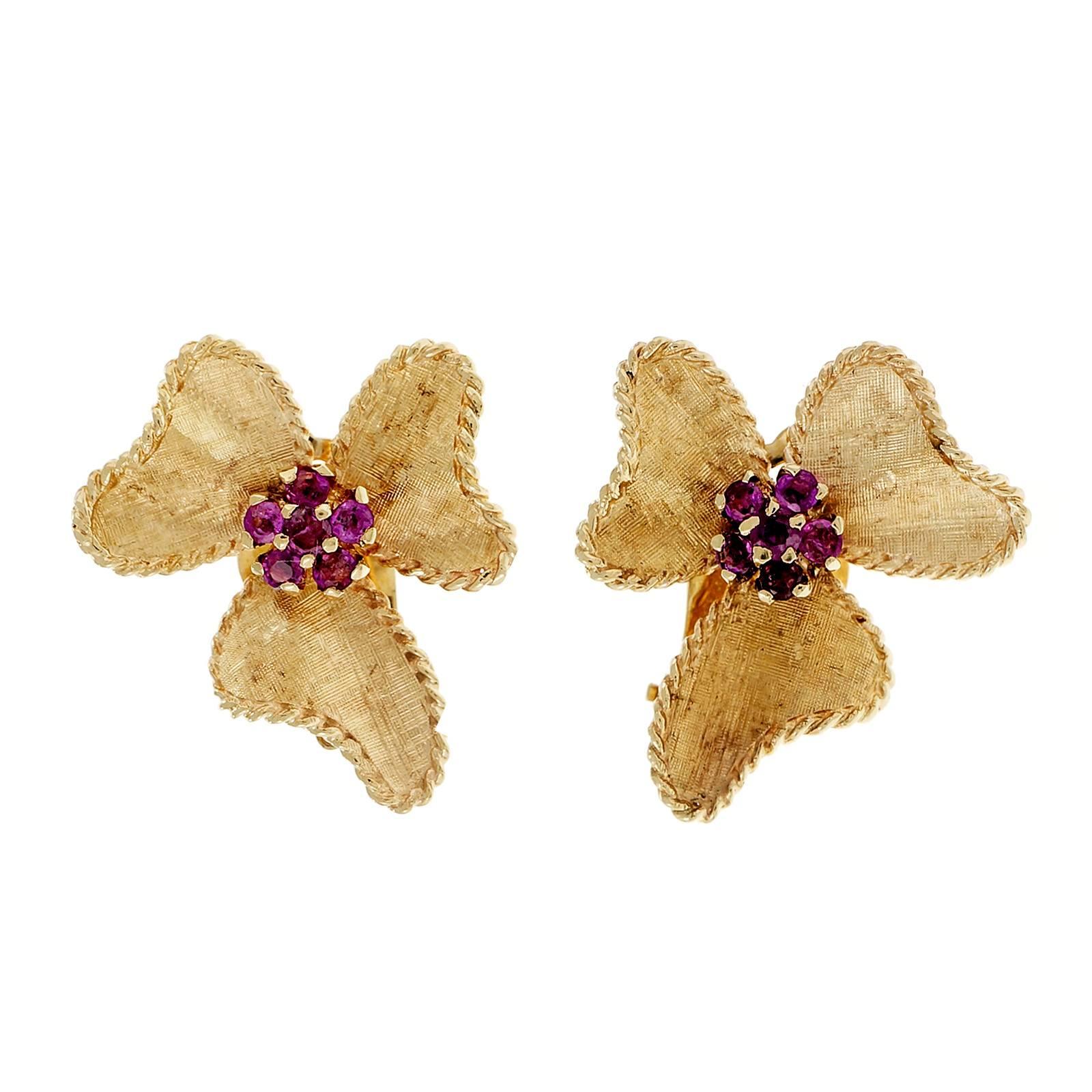 Ruby Hand Textured Gold Bow Earrings 