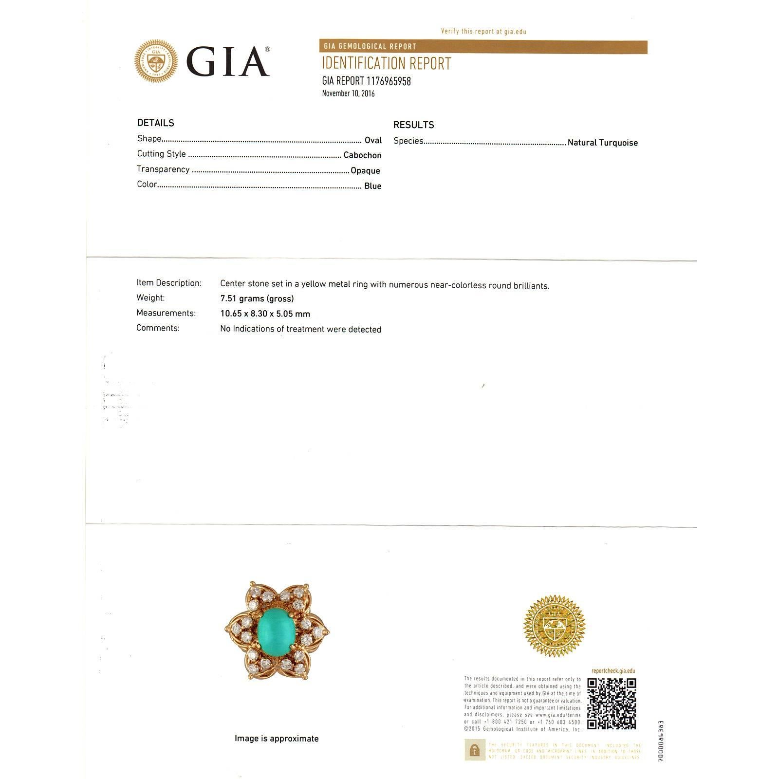 GIA 3.25 Carat Natural Persian Turquoise Diamond Halo Gold Cocktail Ring en Bueno estado para la venta en Stamford, CT