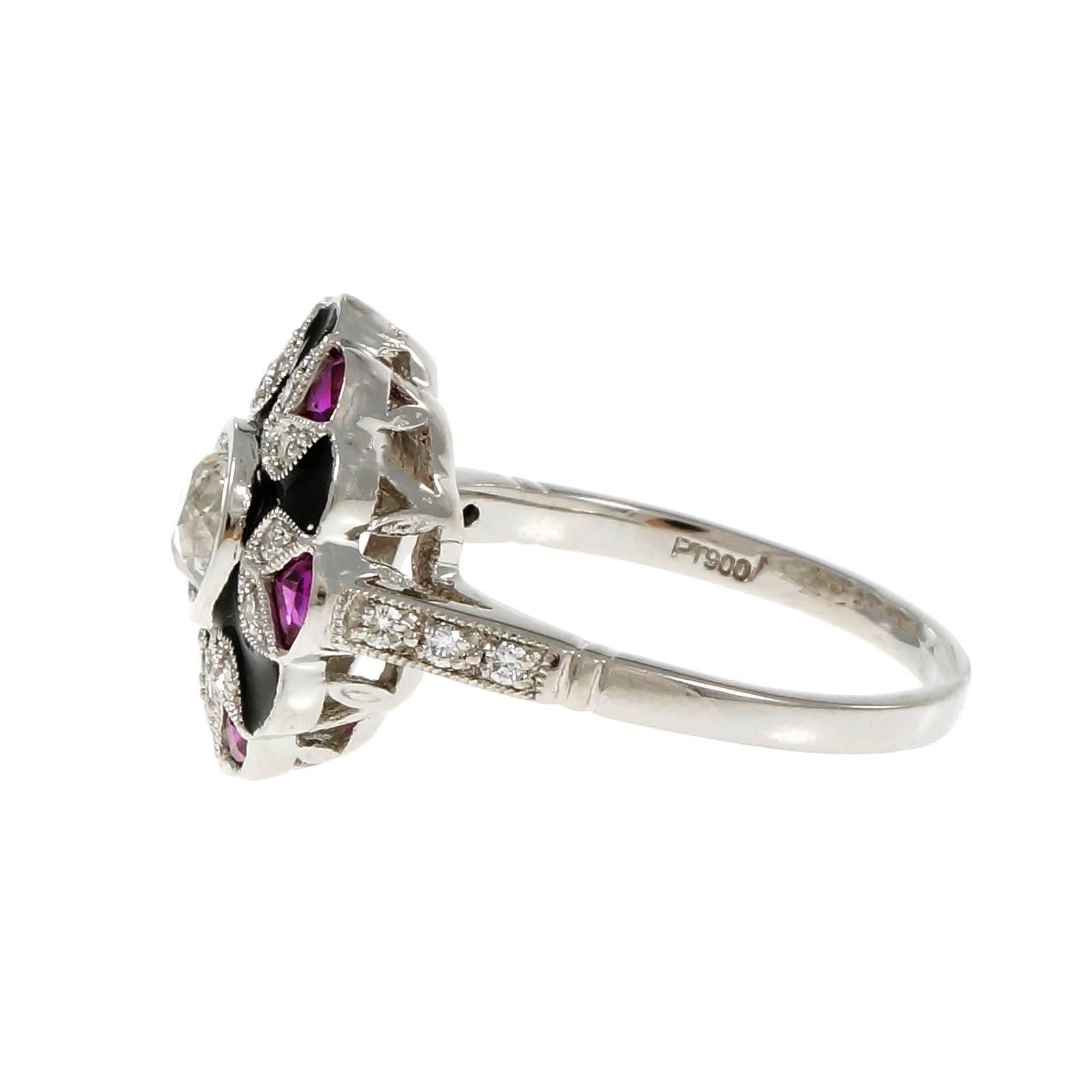 Women's GIA Certified Black Enamel Ruby Diamond Platinum Cluster Cocktail Ring