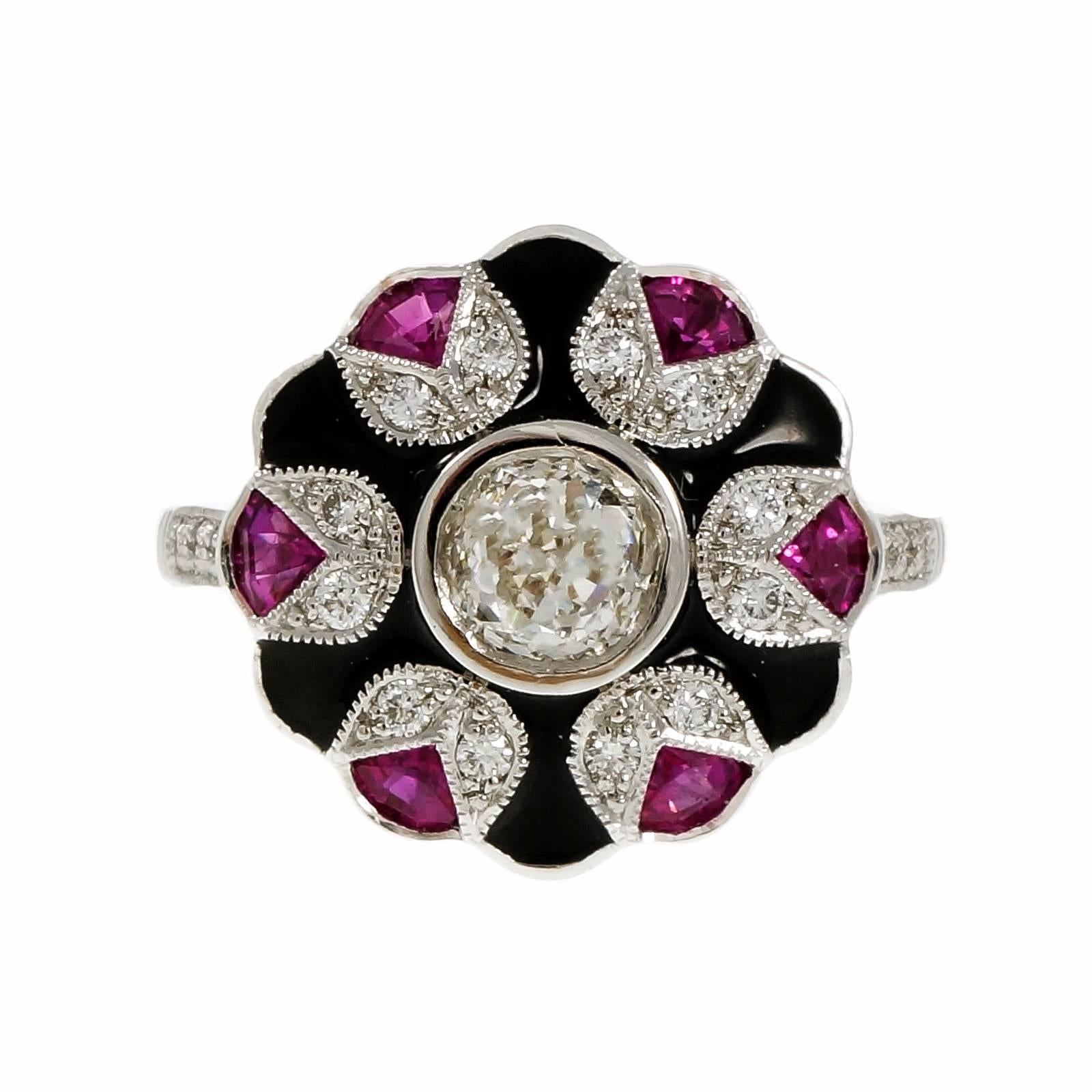 GIA Certified Black Enamel Ruby Diamond Platinum Cluster Cocktail Ring In Good Condition In Stamford, CT