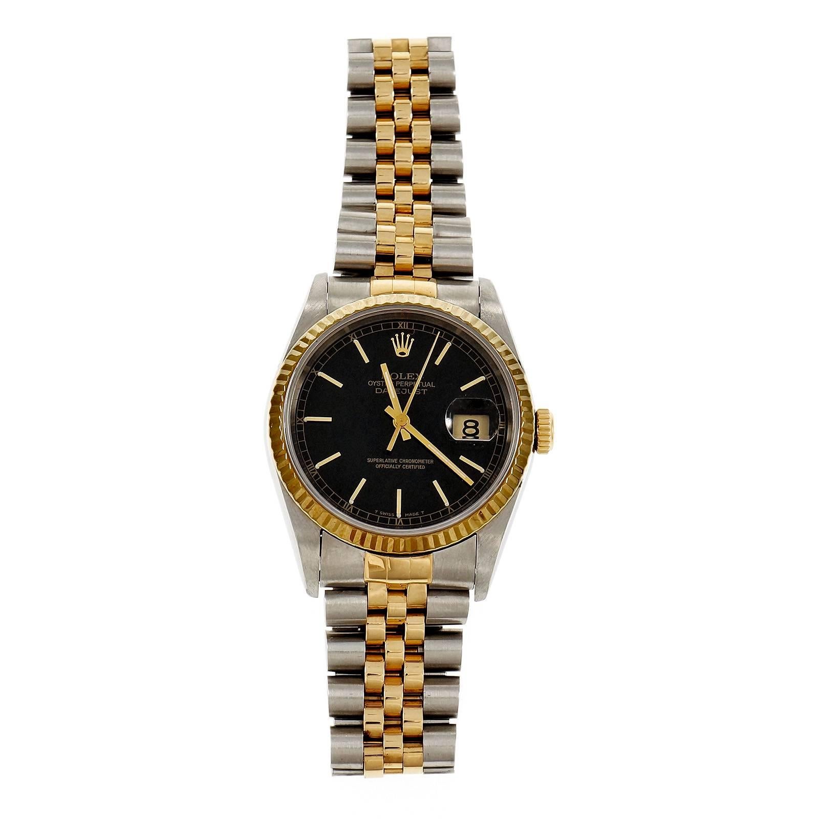 Rolex Gold Stahl Datejust schwarzes Zifferblatt Armbanduhr ref 16233 im Zustand „Gut“ in Stamford, CT