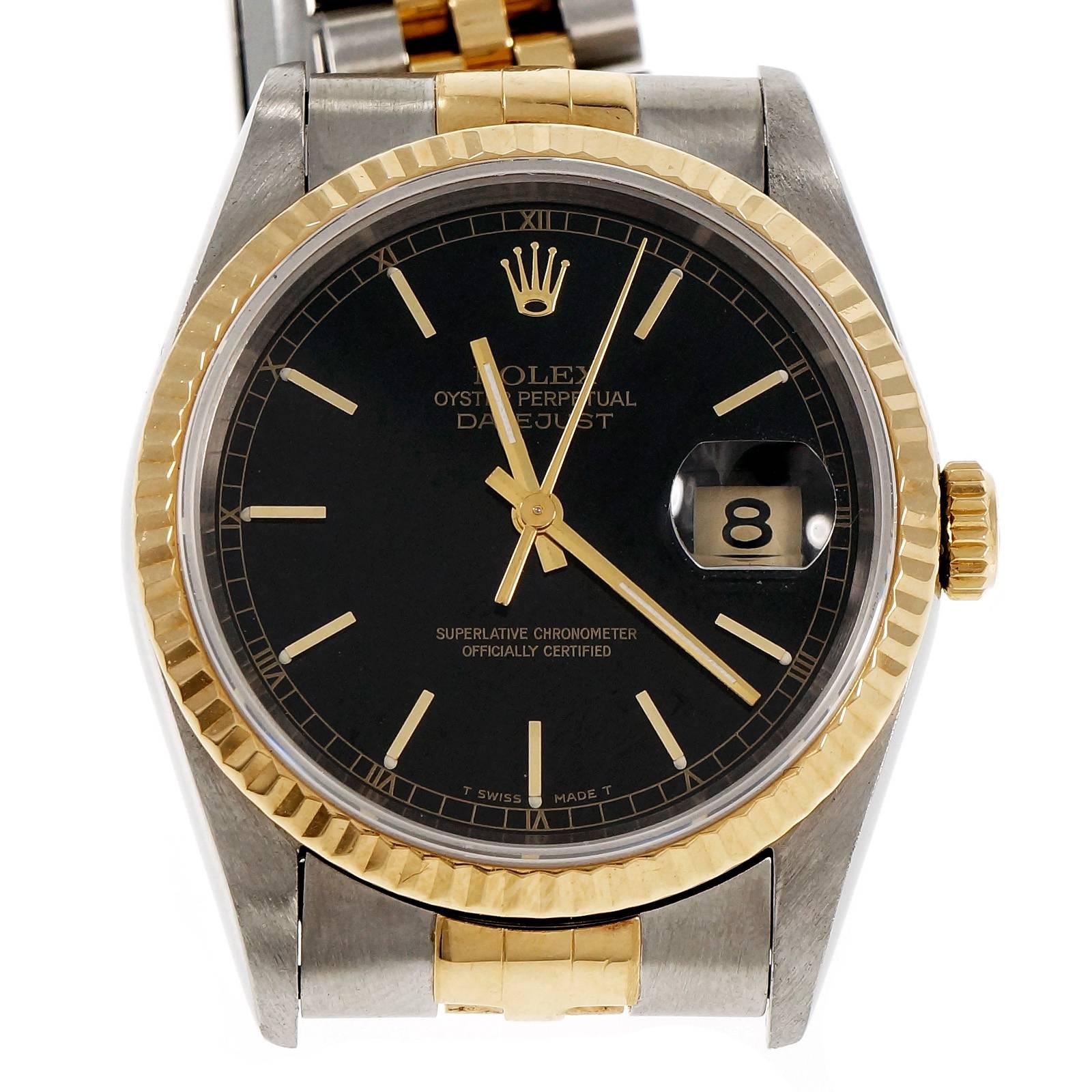 Rolex Gold Stahl Datejust schwarzes Zifferblatt Armbanduhr ref 16233