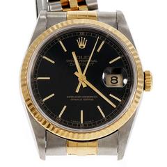 Rolex Gold Steel Datejust Black Dial Wristwatch ref 16233