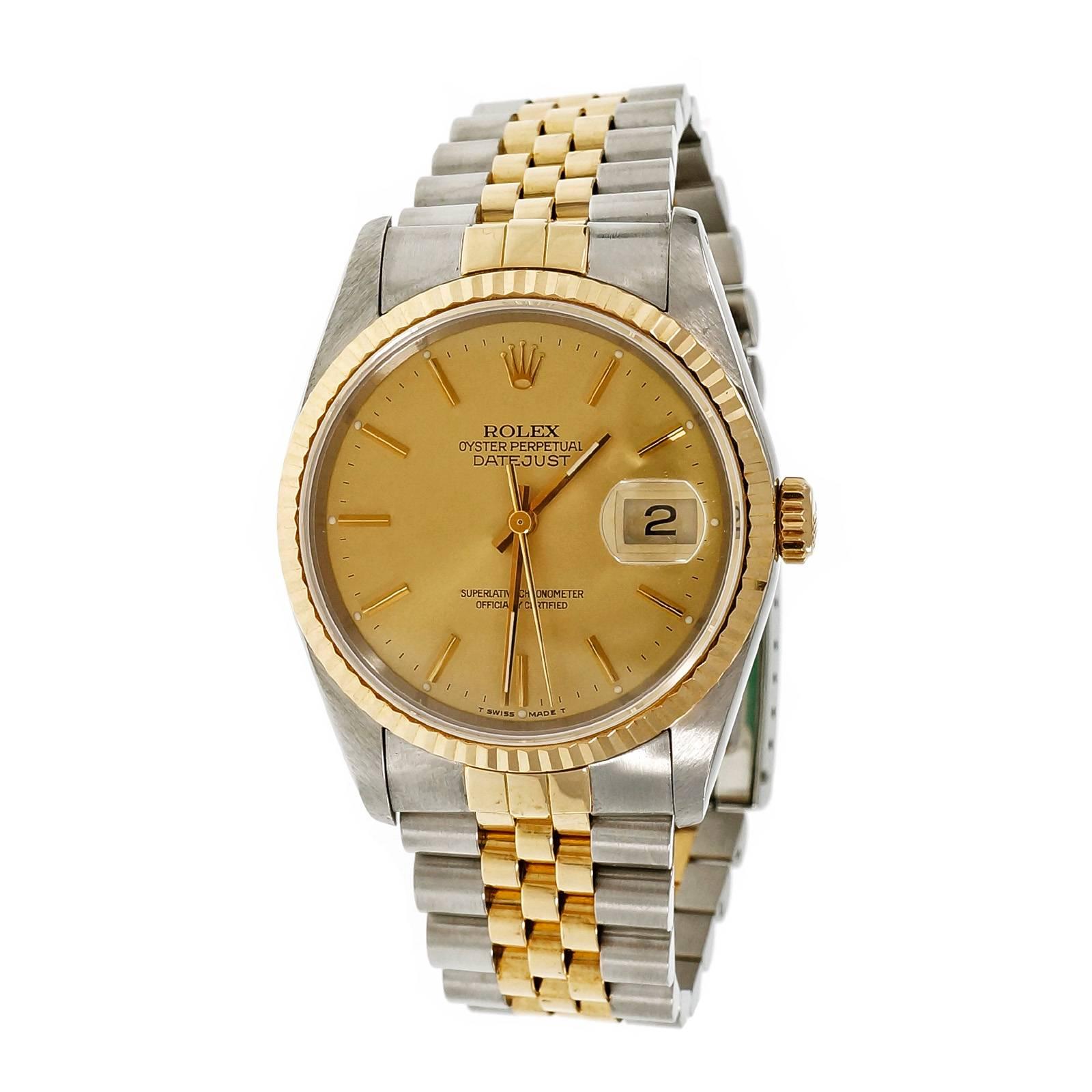 Rolex Gold Steel Datejust Gold Dial Wristwatch ref 16233