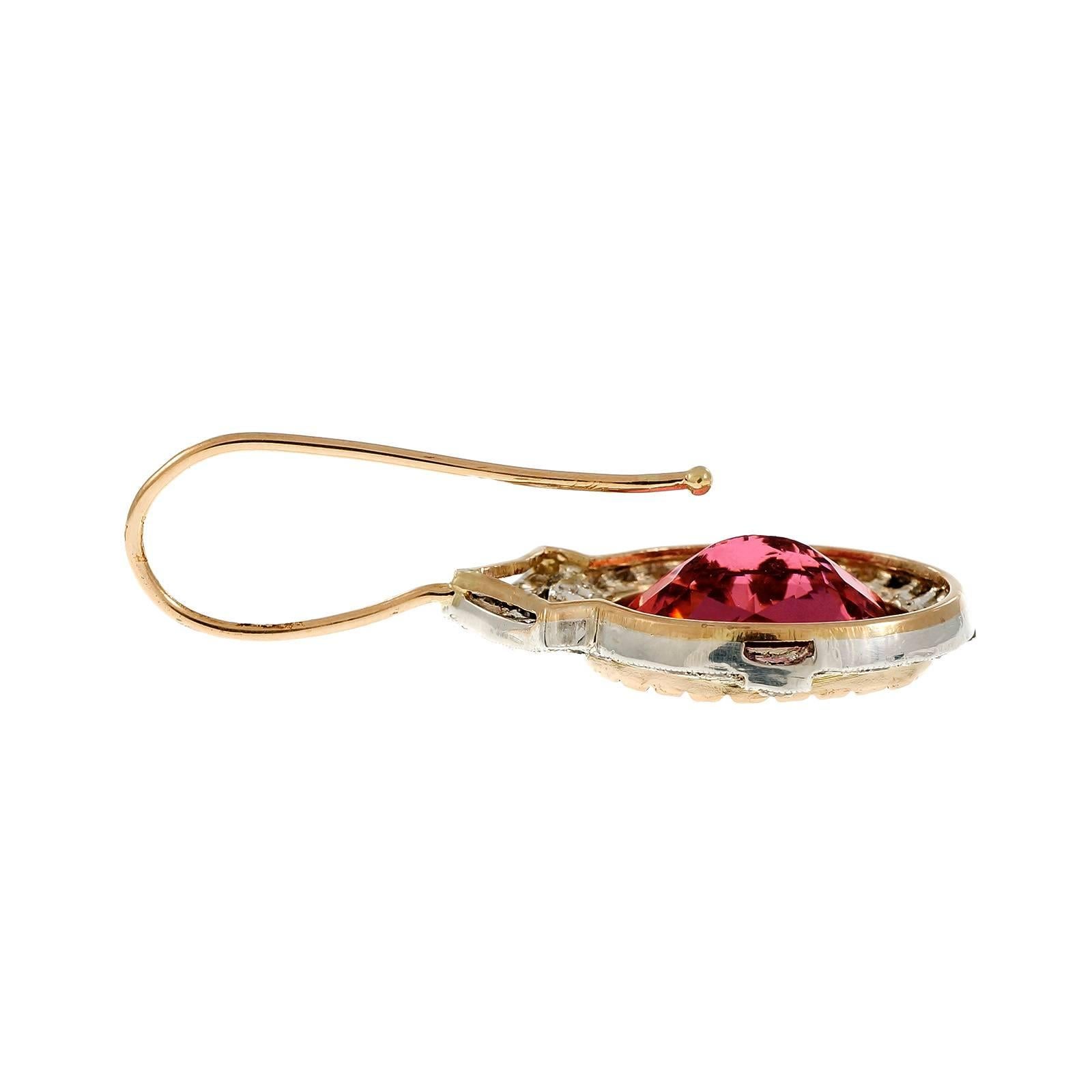 Women's Bright Oval Pink Tourmaline Diamond Rose Gold Silver Dangle Earrings