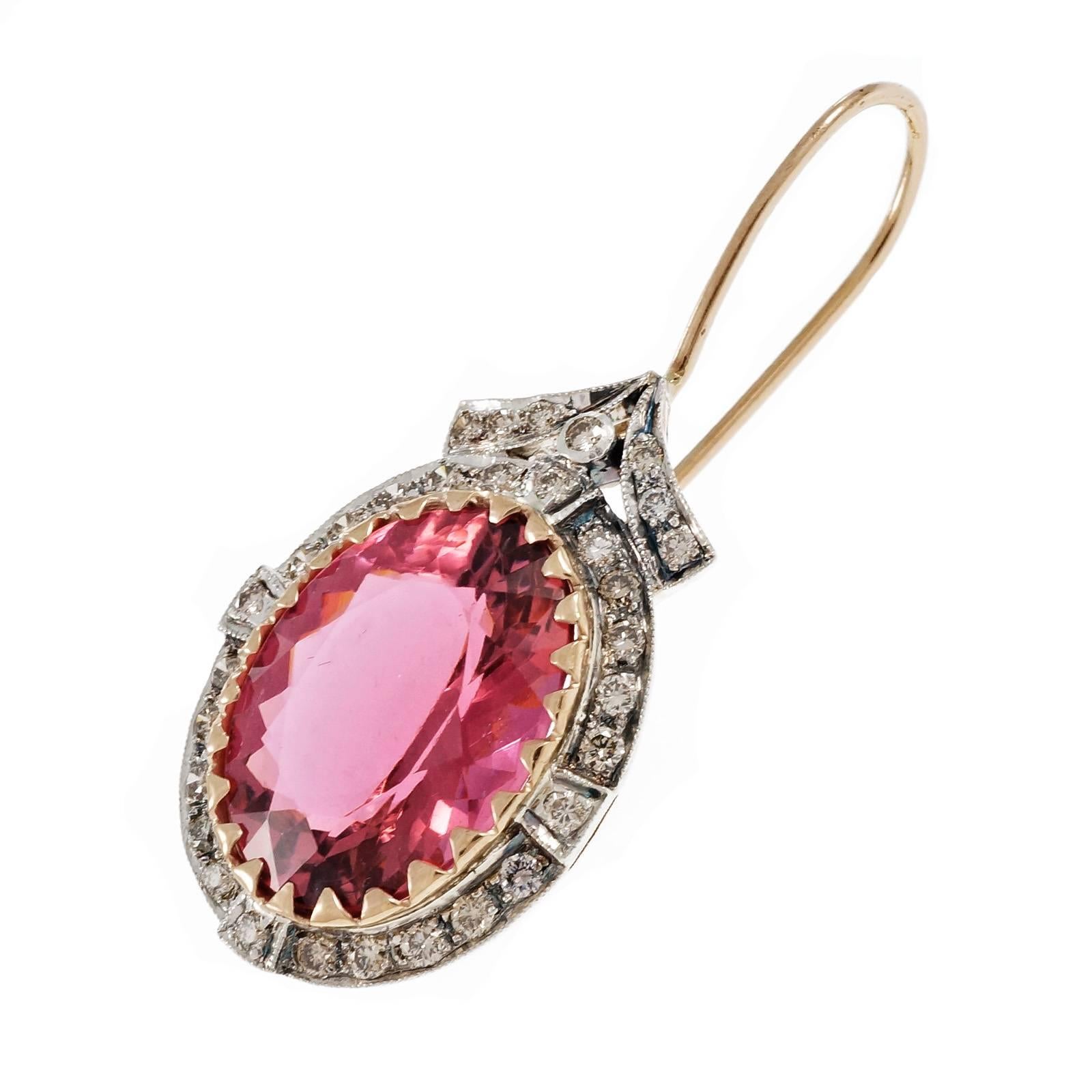 Bright Oval Pink Tourmaline Diamond Rose Gold Silver Dangle Earrings 2
