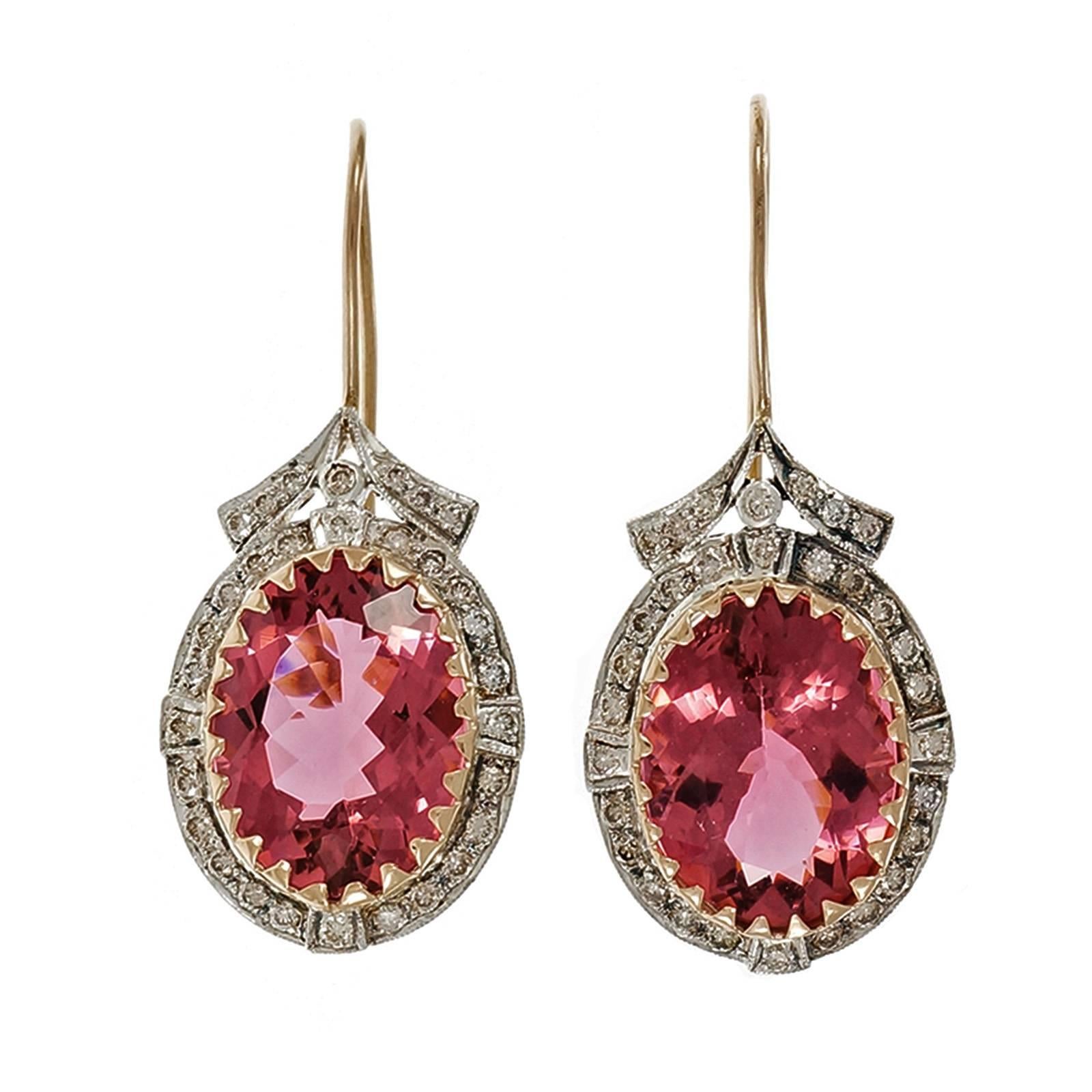 Bright Oval Pink Tourmaline Diamond Rose Gold Silver Dangle Earrings In Good Condition In Stamford, CT