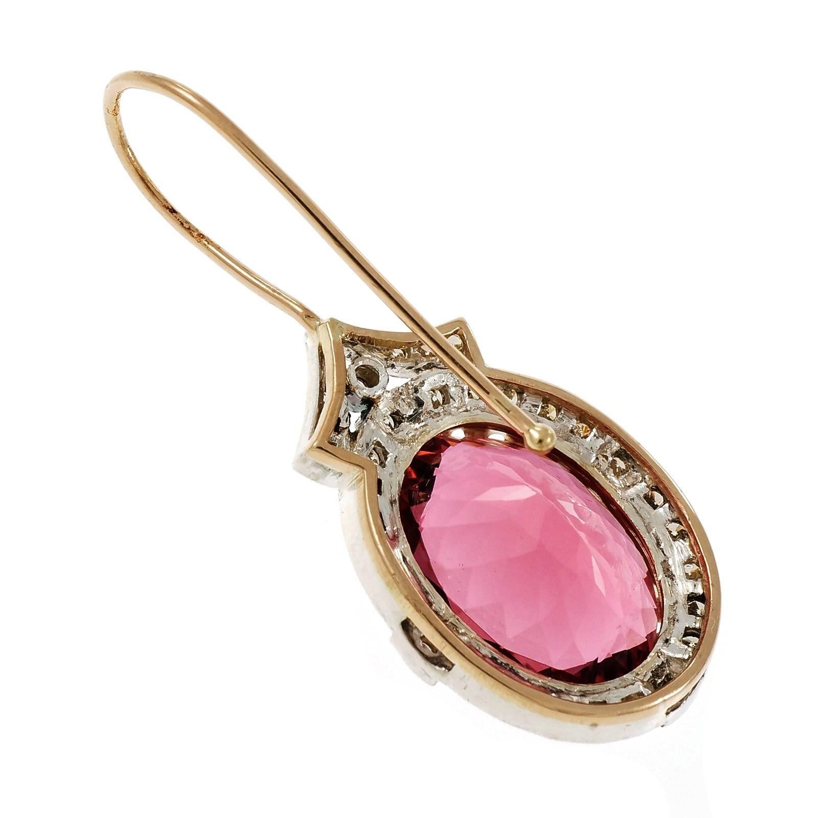 Bright Oval Pink Tourmaline Diamond Rose Gold Silver Dangle Earrings 1