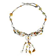 Vintage Natural Jadeite Jade Multi Colored Carved Necklace