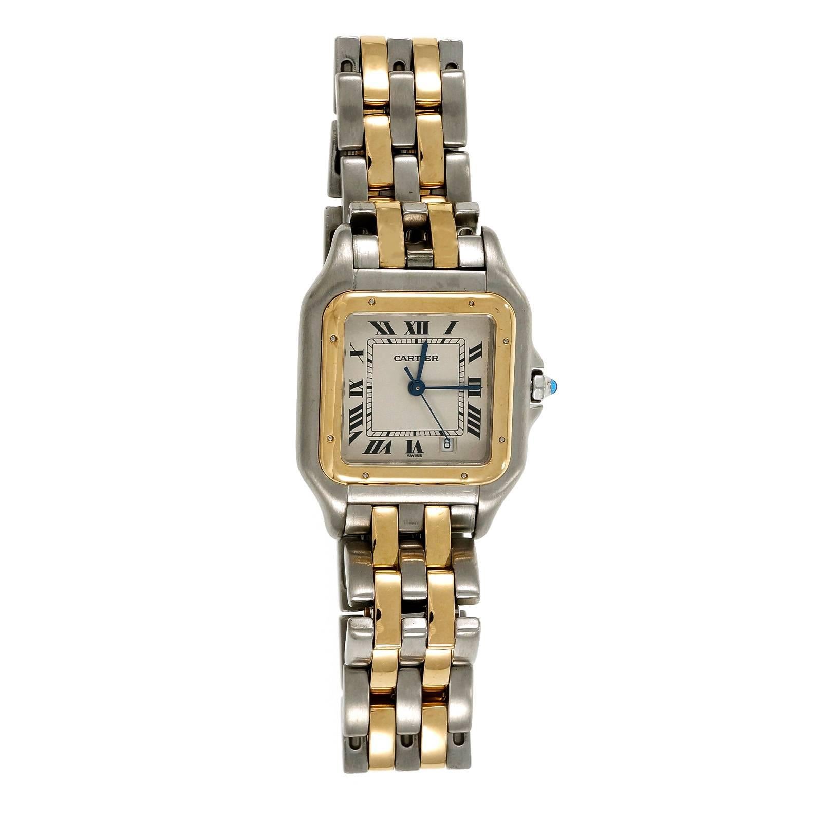 Medium Cartier Panthere Quartz watch with 18k yellow gold and steel Panthere band. Quartz movement. All original.

18k yellow gold & steel
69.4 grams
Band length: 7 inches
Length: 36mm
Width: 27mm
Band width at case: 15mm
Case thickness: