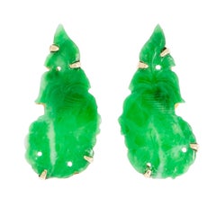 Vintage GIA Certified Natural Carved Jadeite Jade Green Gold Earrings 