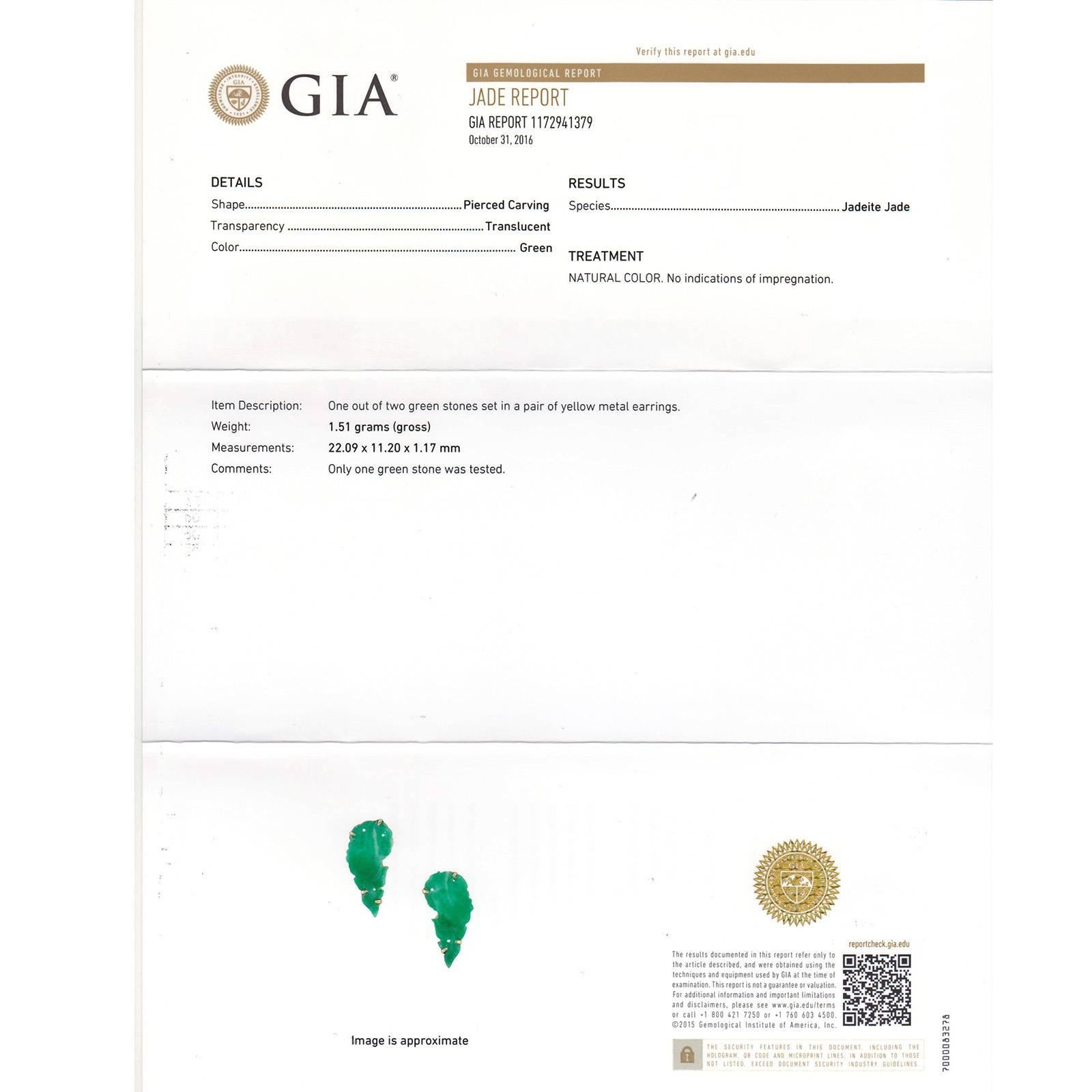 GIA Certified Natural Carved Jadeite Jade Green Gold Earrings  2