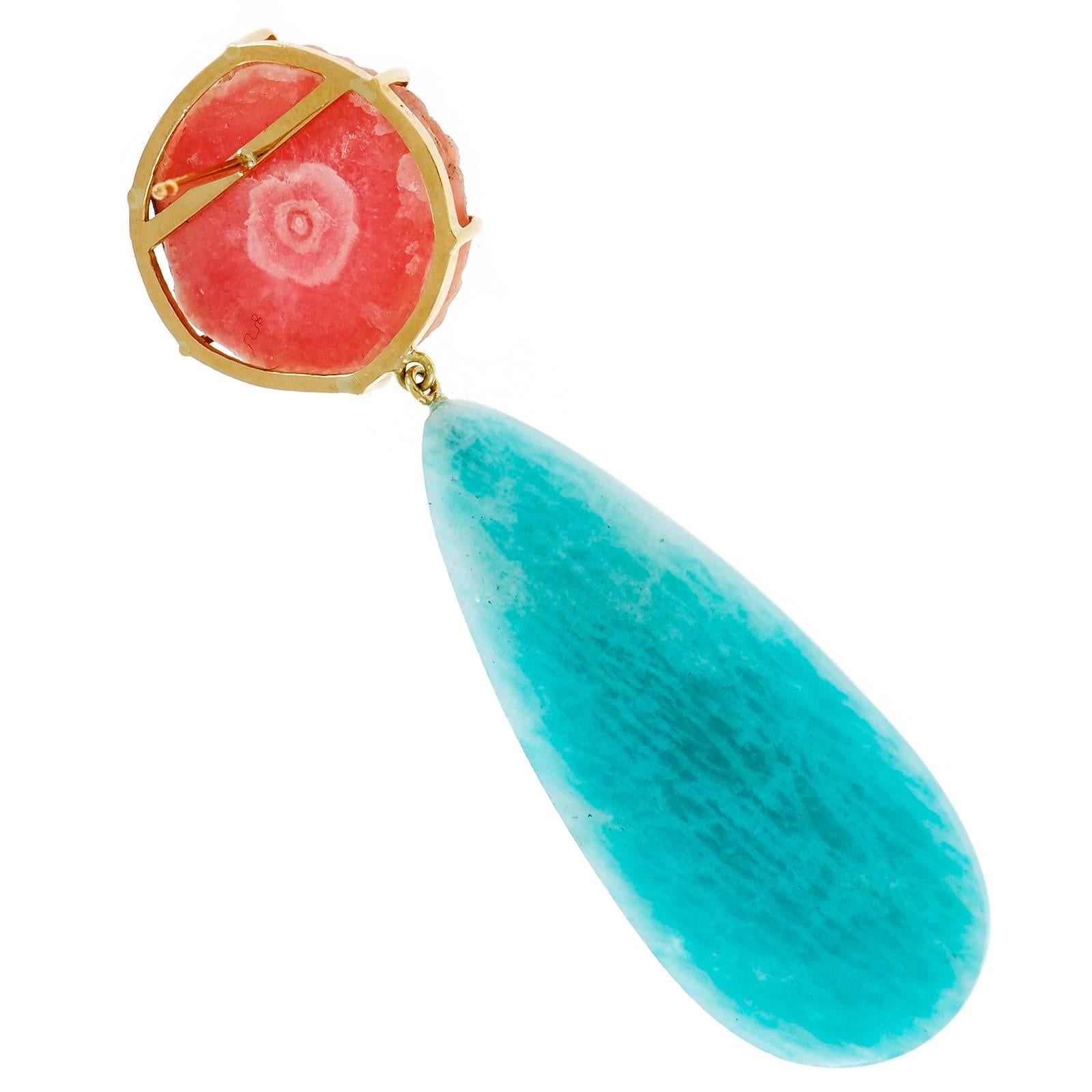Peter Suchy Amazonite Rhodochrosite Gold Dangle Earrings In Good Condition For Sale In Stamford, CT