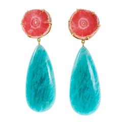 Peter Suchy Amazonite Rhodochrosite Gold Dangle Earrings 7