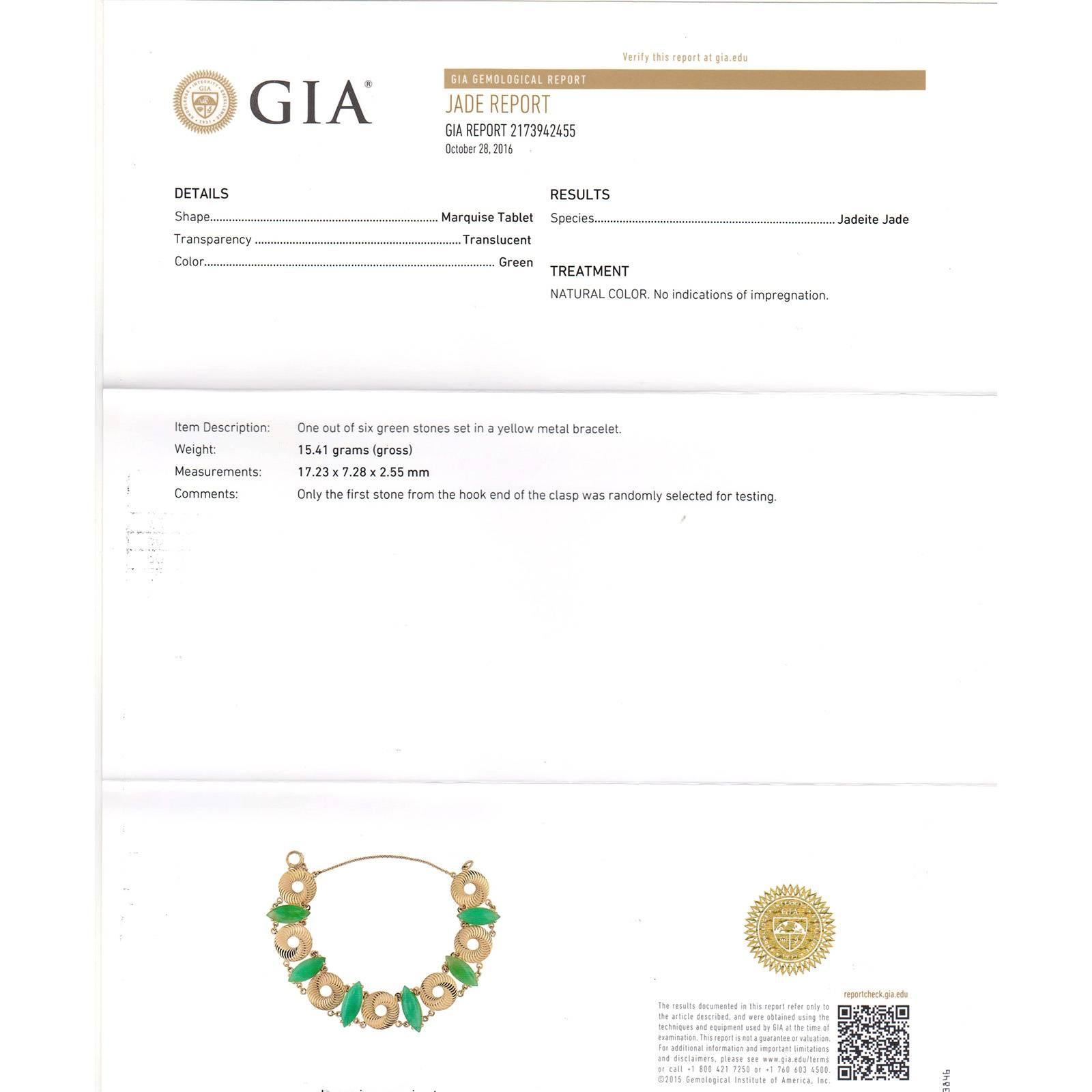 Larter & Sons GIA Certified Natural Green Jadeite Jade Marquise Gold Bracelet In Good Condition For Sale In Stamford, CT