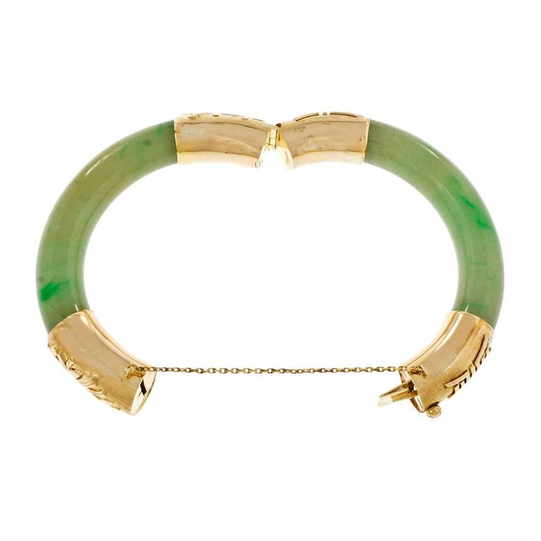 GIA Certified Natural Green Jadeite Jade Gold Bangle Bracelet at
