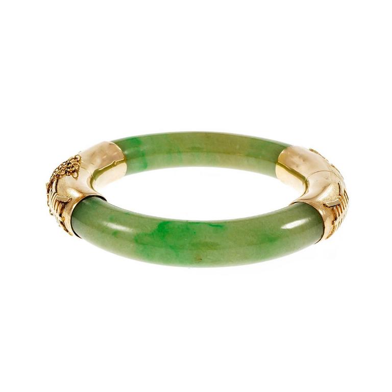 Natural Green Jadeite Jade Gold Bangle Bracelet For Sale at 1stdibs