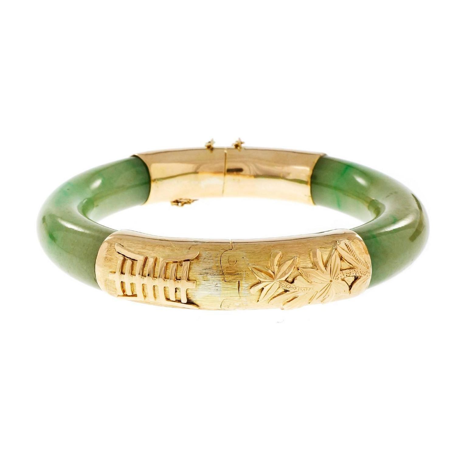 Natural Green Jadeite Jade Gold Bangle Bracelet For Sale at 1stdibs