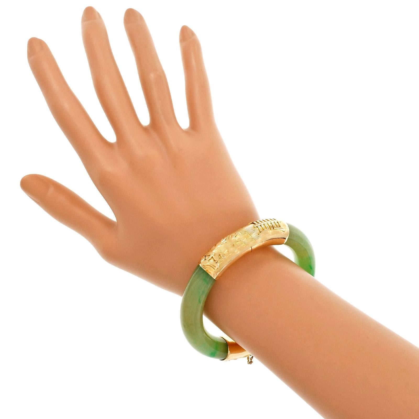 Women's GIA Certified Natural Green Jadeite Jade Gold Bangle Bracelet