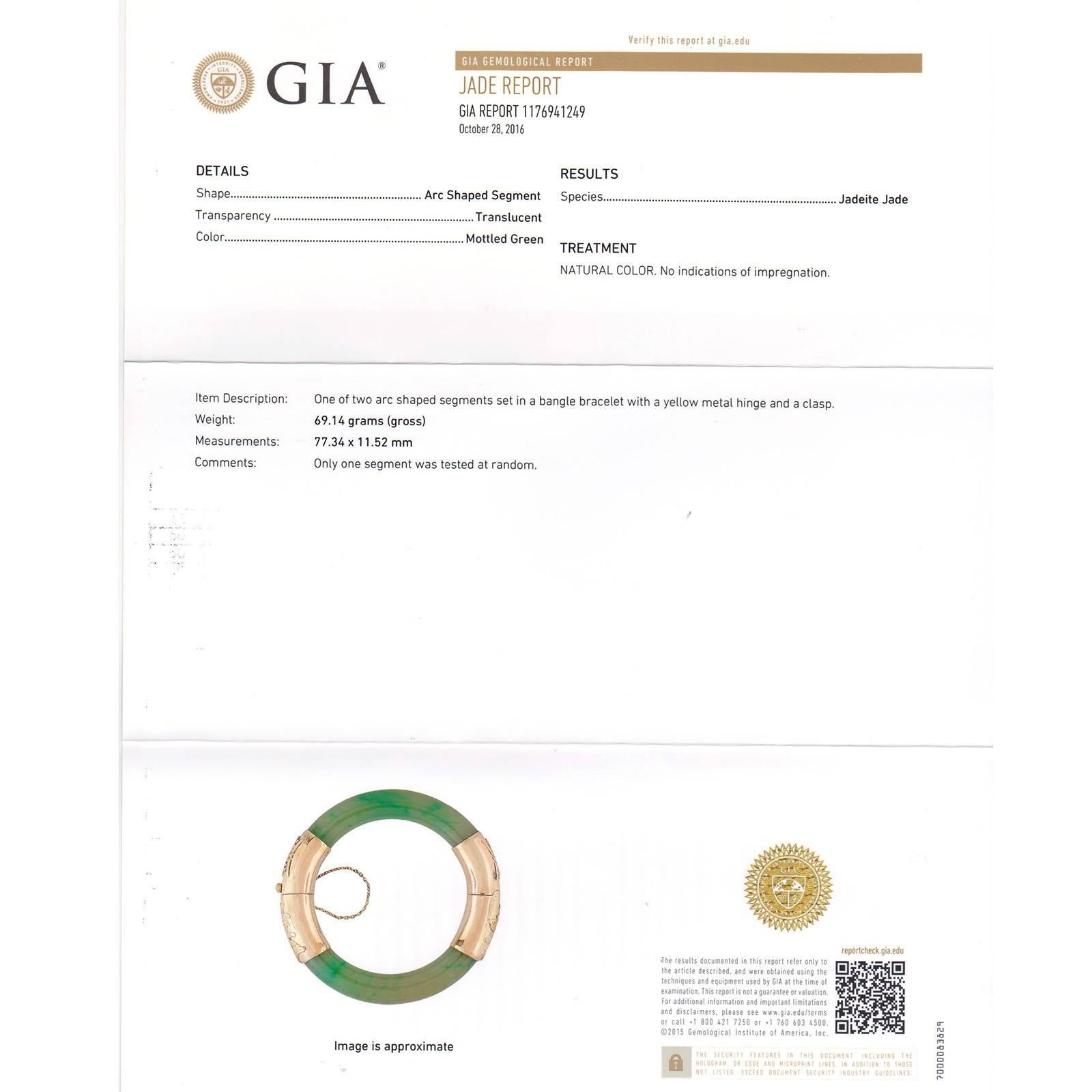 GIA Certified Natural Green Jadeite Jade Gold Bangle Bracelet 1