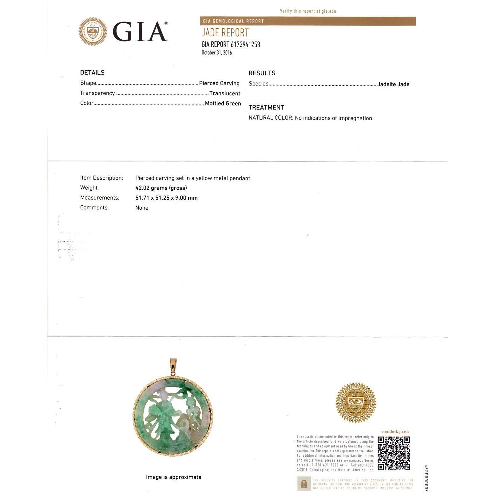 Carved Natural Green Jadeite Jade GIA Certified Natural  Gold Pendant  2