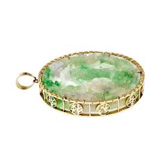 Carved Natural Green Jadeite Jade GIA Certified Natural  Gold Pendant