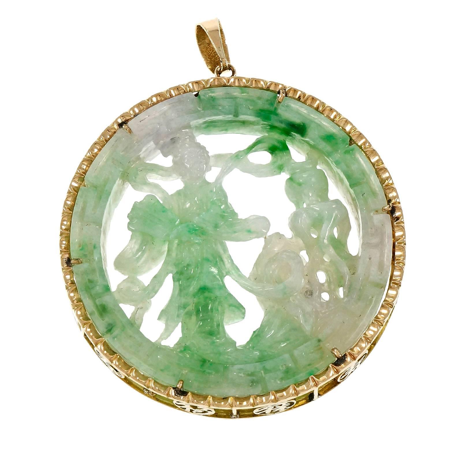 Carved Natural Green Jadeite Jade GIA Certified Natural  Gold Pendant  In Good Condition In Stamford, CT