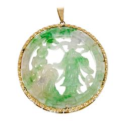 Carved Natural Green Jadeite Jade GIA Certified Natural  Gold Pendant 