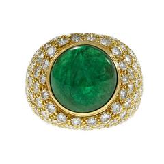 GIA Certified 9.11 Carat Green Cabochon Emerald Diamond Dome Gold Cocktail Ring