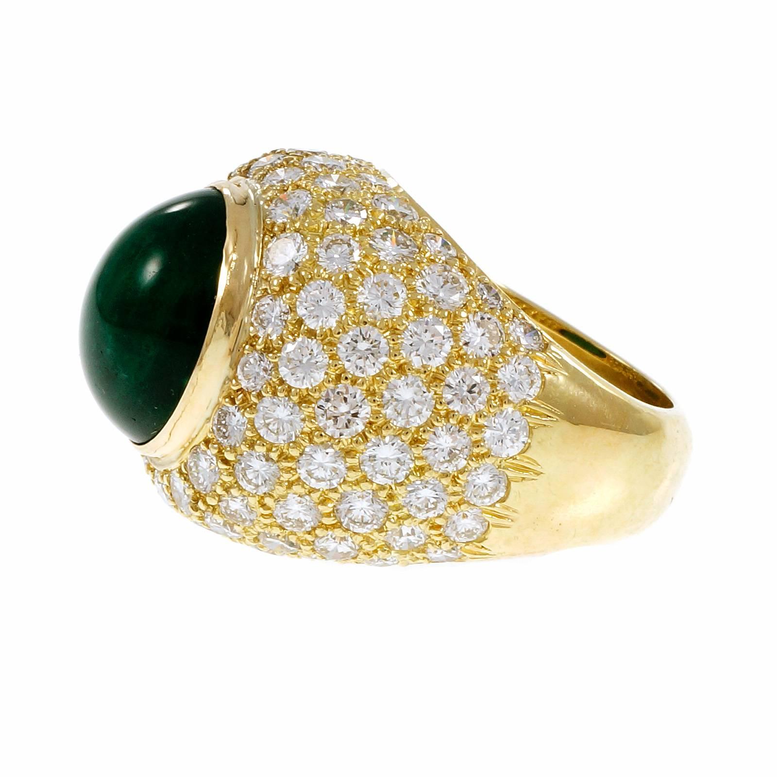 Round Cut GIA Certified 9.11 Carat Green Cabochon Emerald Diamond Dome Gold Cocktail Ring For Sale