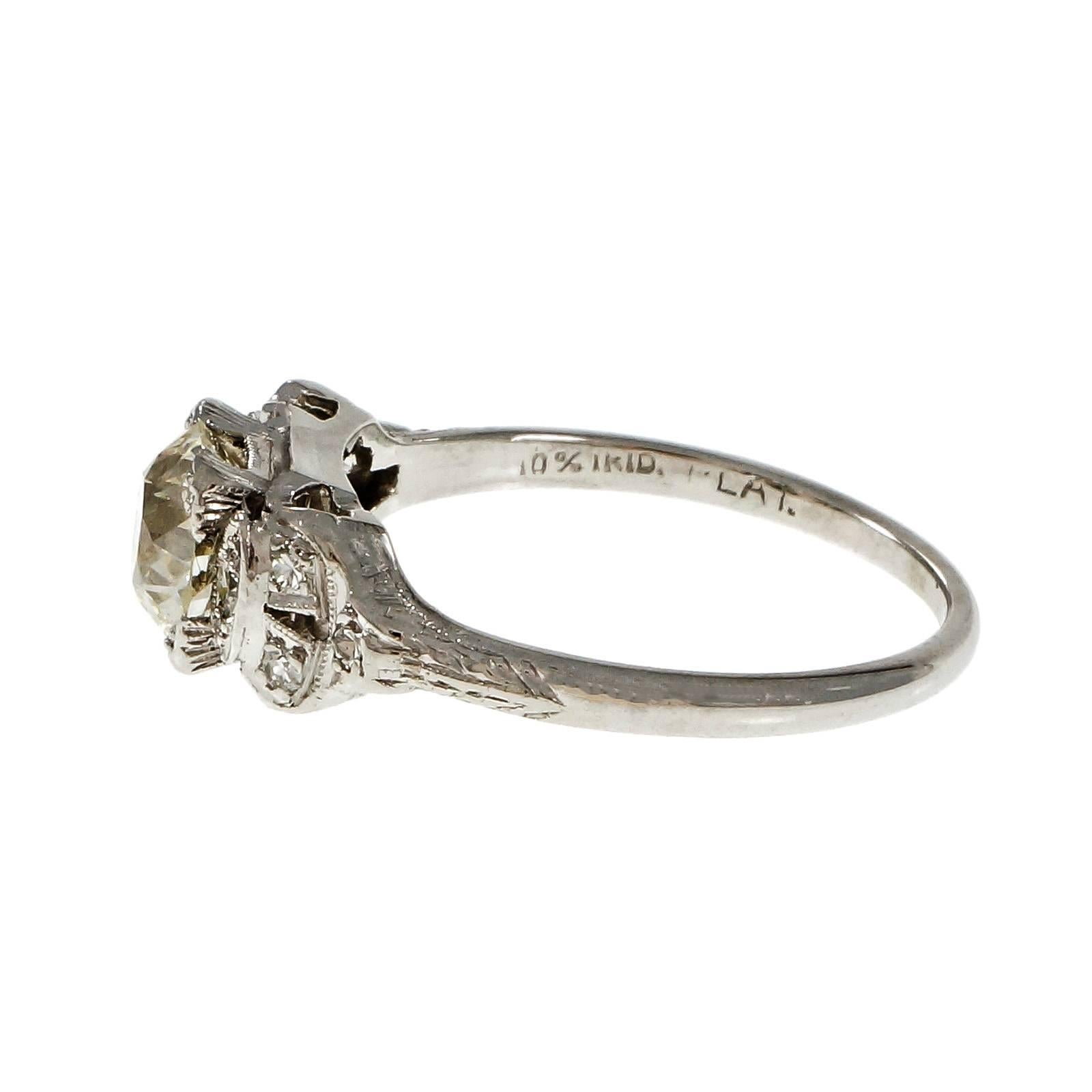 Art Deco Old European Cut Diamond Platinum Engagement Ring For Sale 1