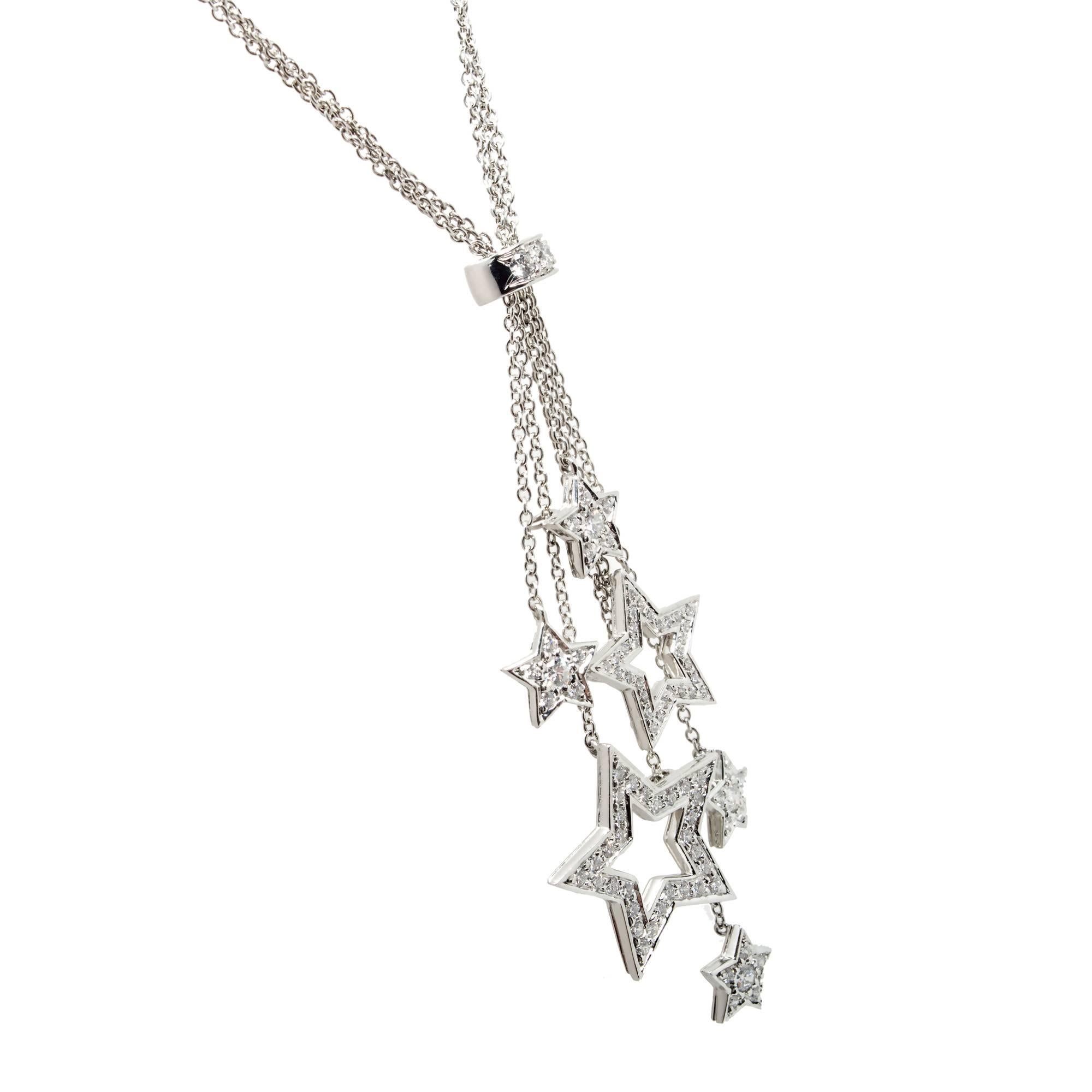 Tiffany & Co Platinum Diamond multi star necklace pendant. 

83 round diamonds full cut F VS approx. total weight .80 cts
Stamped: Pt950
Hallmark: c Tiffany & Co
Tested: Platinum
Top to Bottom: 57.48mm or 2.26 inches
Width: 19.96 mm or .78