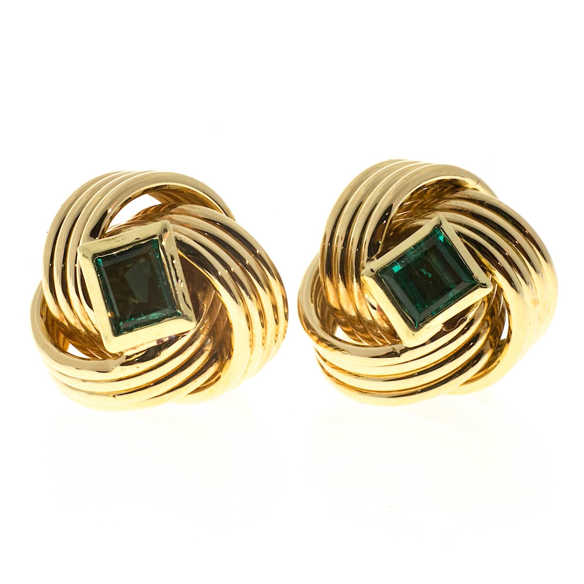 Emerald Wire Gold Knot Earrings