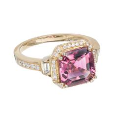 Square Pink Tourmaline Diamond Halo Gold Engagement Ring, Signed JLJ